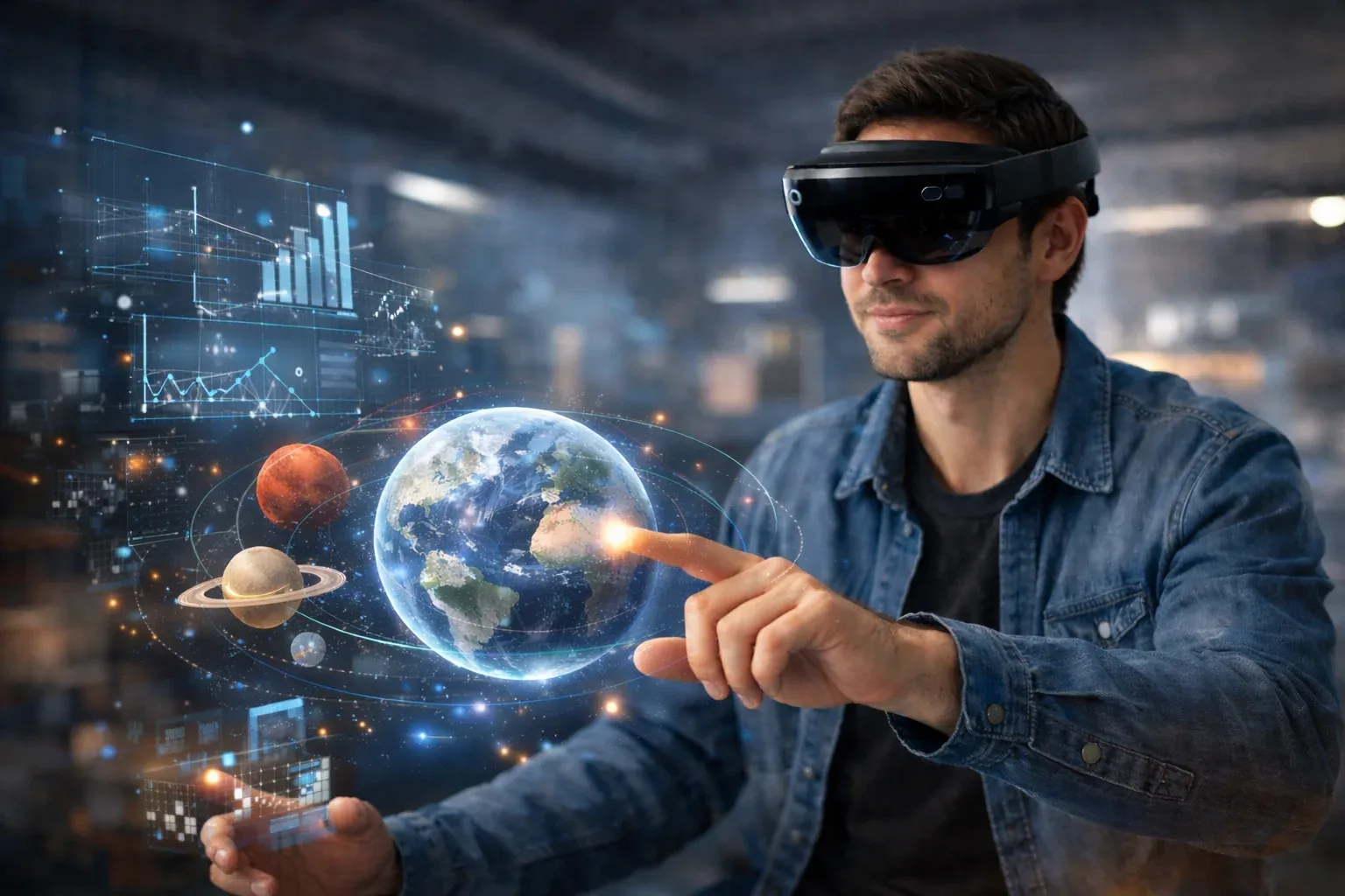 Mains manipulant un globe terrestre holographique dans un environnement de réalité virtuelle