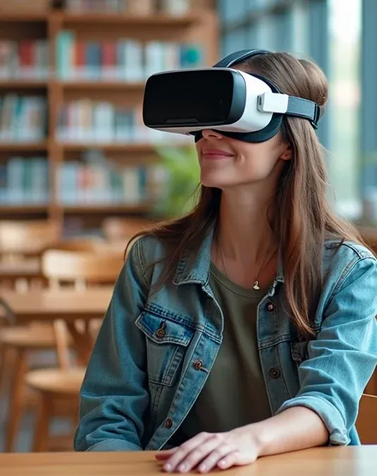 Étudiante universitaire avec casque VR dans une bibliothèque - immersion réalité virtuelle By Evos