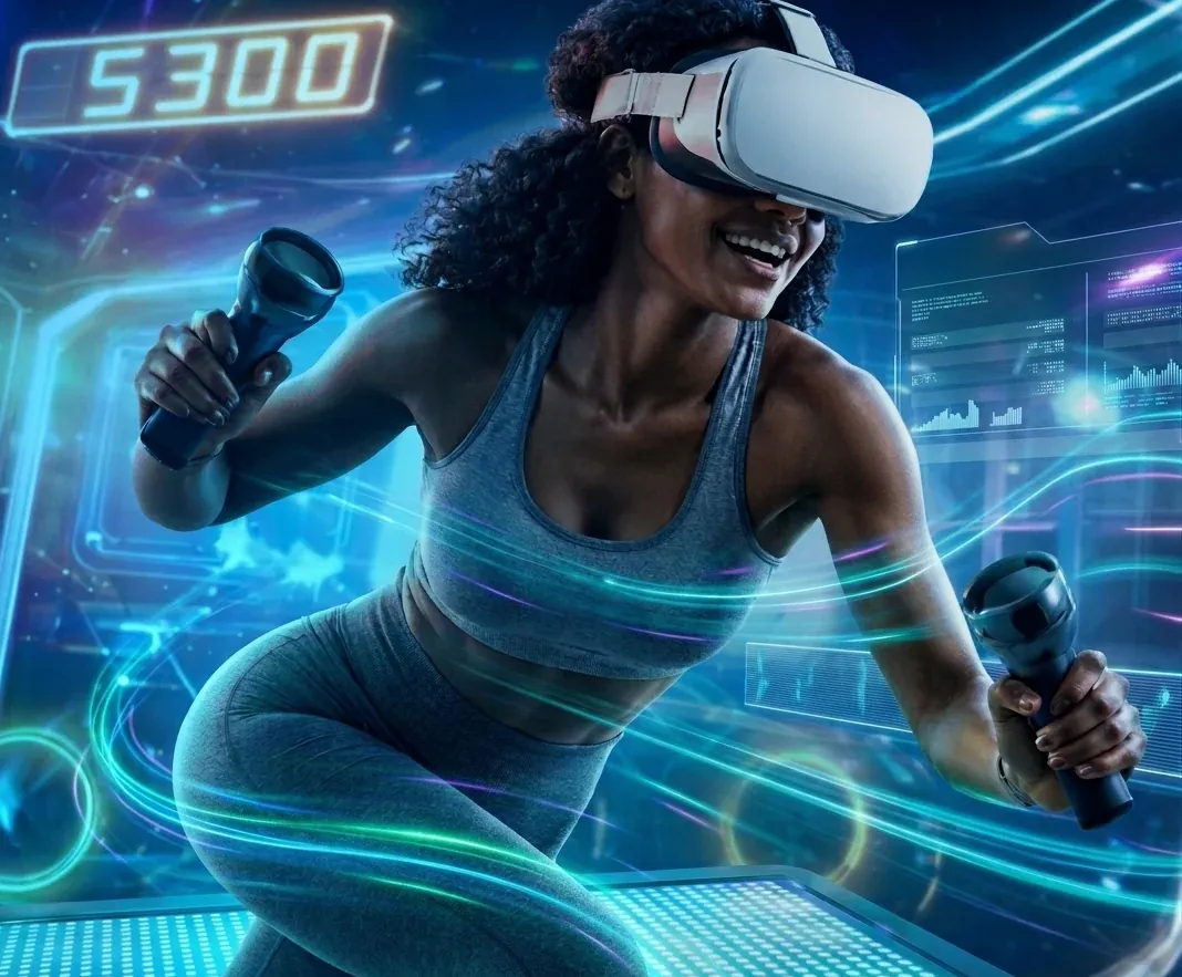 Femme en tenue sportive portant un casque VR lors d'une animation sport By Evos