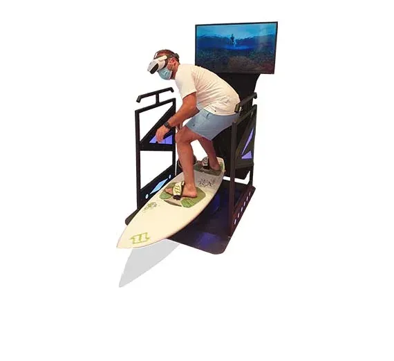 Détail du simulateur de surf VR By Evos avec planche à capteurs et casque