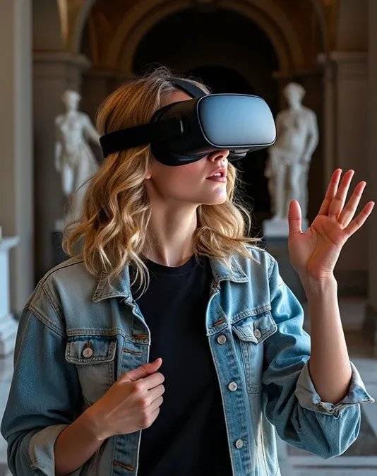 Jeune femme portant un casque VR lors d'une visite immersive dans un musée