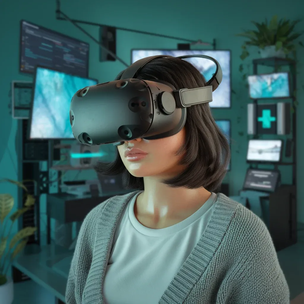 Jeune femme dans son bureau portant un casque de réalité virtuelle