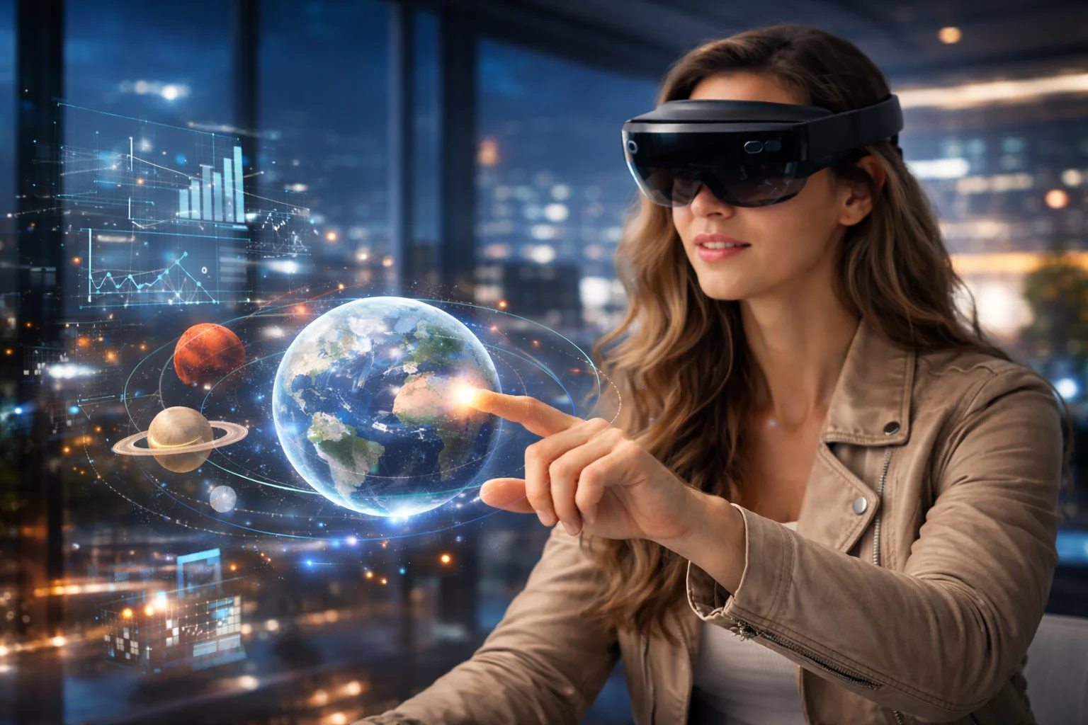 Personne naviguant dans un environnement 3D virtuel avec des éléments interactifs flottants