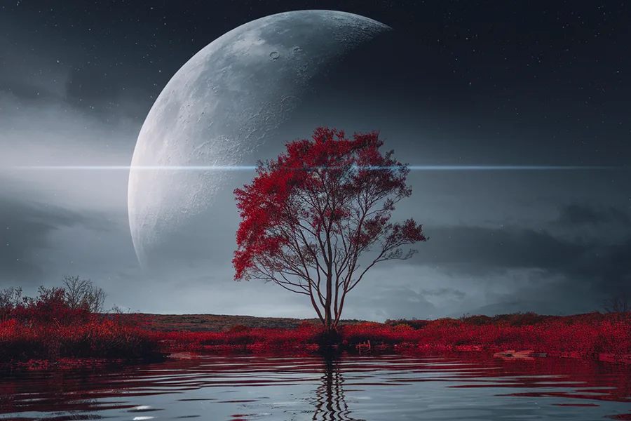 Scène de relaxation VR avec lune géante et arbre rouge sur fond nocturne