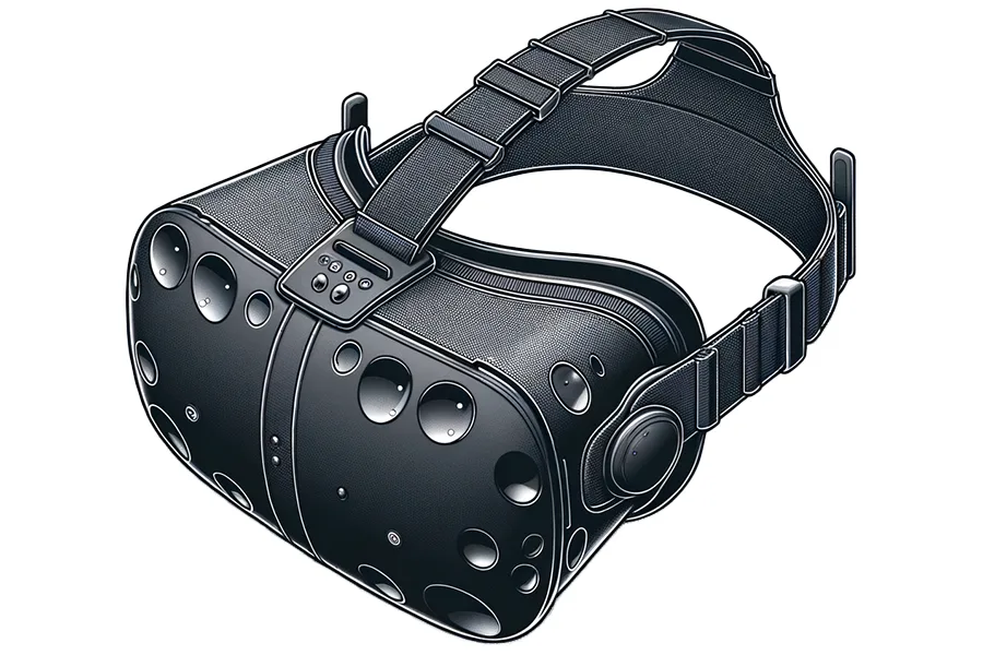 Casque de réalité virtuelle noir pose sur fond blanc