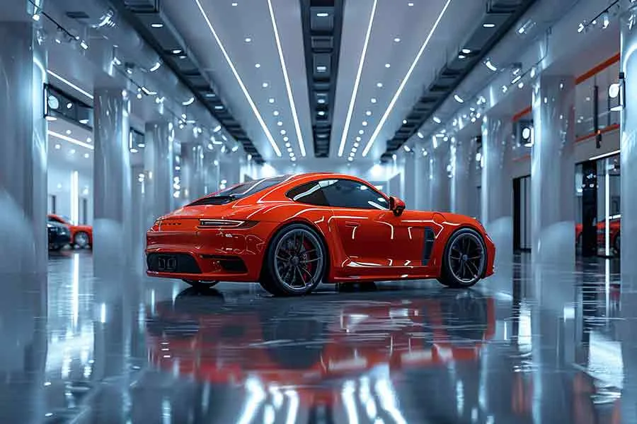 Voiture rouge exposée dans un showroom virtuel en 3D avec éclairage réaliste