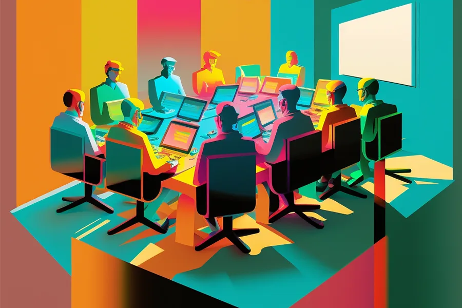 Illustration colorée de personnes assises autour d'une table de réunion avec des ordinateurs