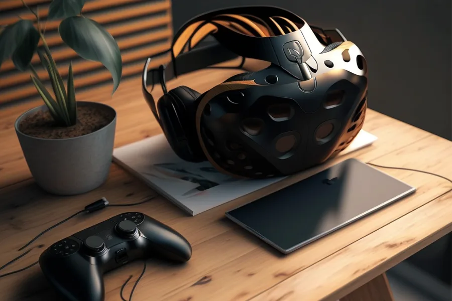 Casque VR noir et orange posé sur un bureau à côté d'une manette et d'un ordinateur portable