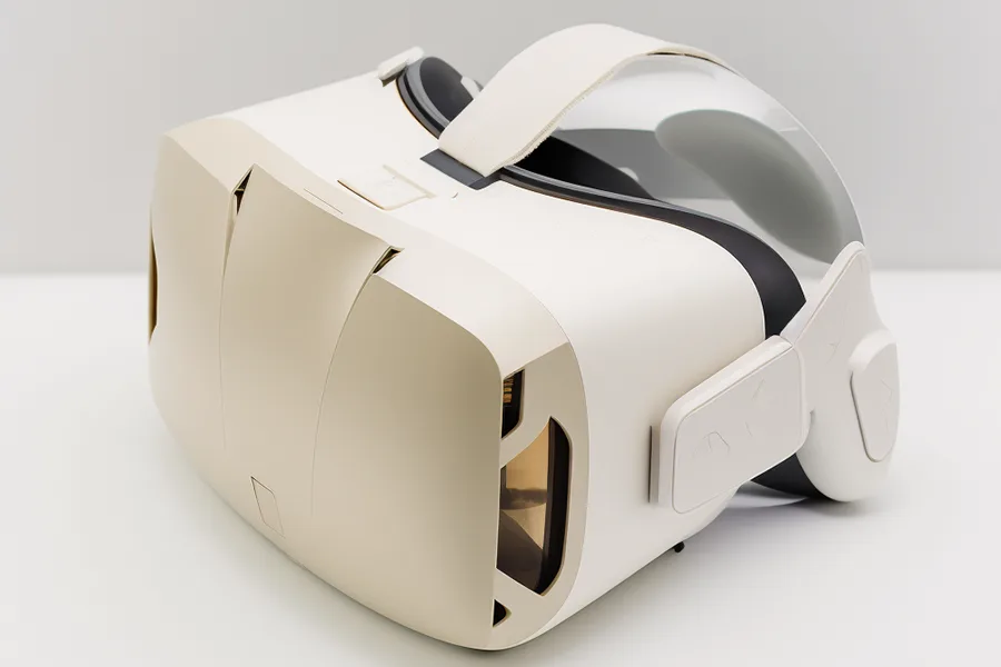 Casque de réalité virtuelle blanc posé sur une surface blanche vu de trois quarts