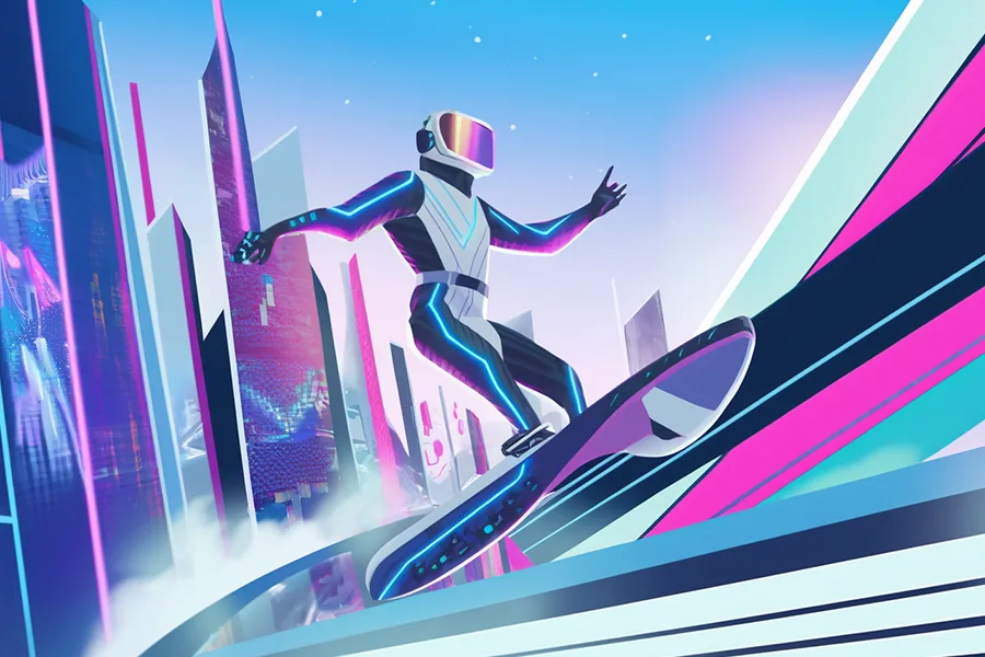 Illustration d'un skieur virtuel avec casque VR sur une piste futuriste colorée