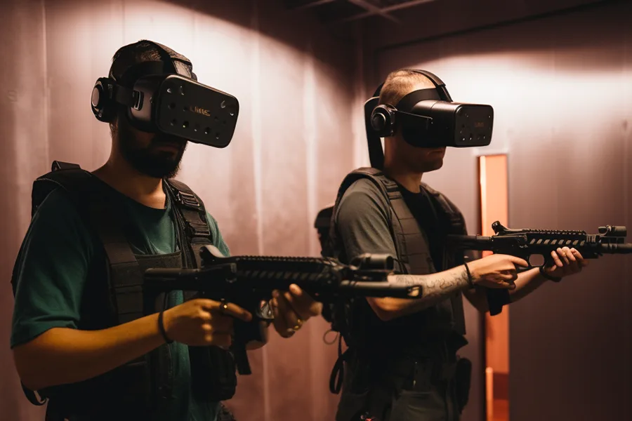 Deux joueurs avec casques VR et fusils haptiques en session de tir chez Illucity La Défense
