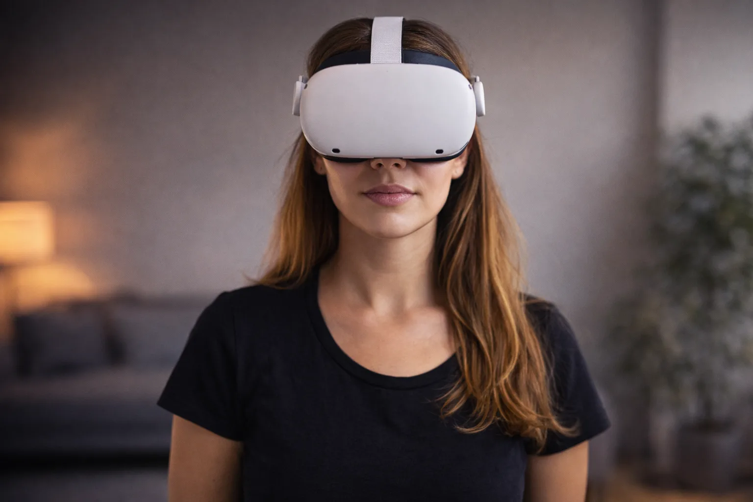 Jeune femme découvrant la réalité virtuelle avec un casque VR autonome