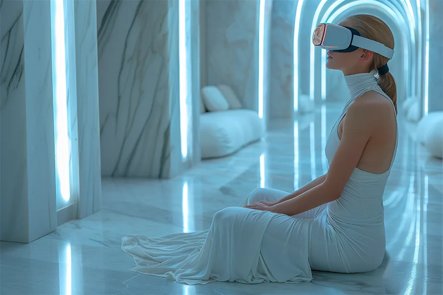 Femme portant un casque de réalité virtuelle dans un environnement immersif