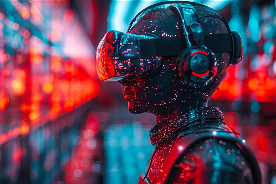 Personnage portant un casque VR dans un environnement futuriste optimisé
