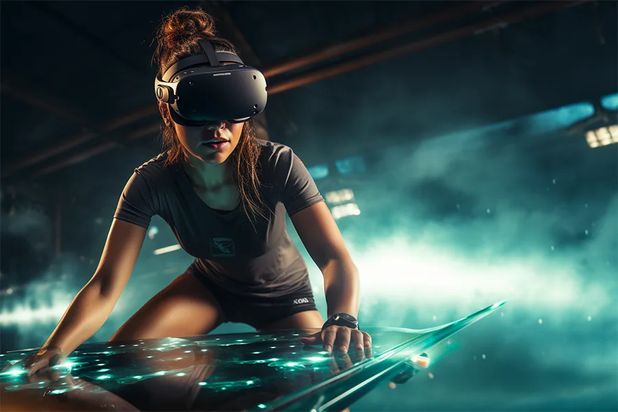 Personne en position de surf sur un simulateur VR lors d'un entraînement physique et mental