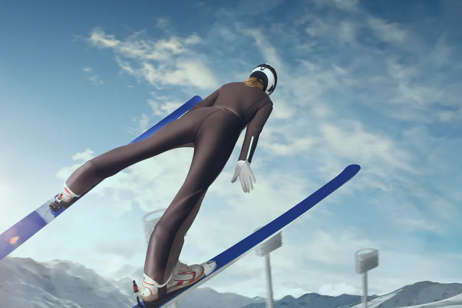 Capture d'écran de Ski Jumping Pro VR avec un sauteur vu de dos en plein vol