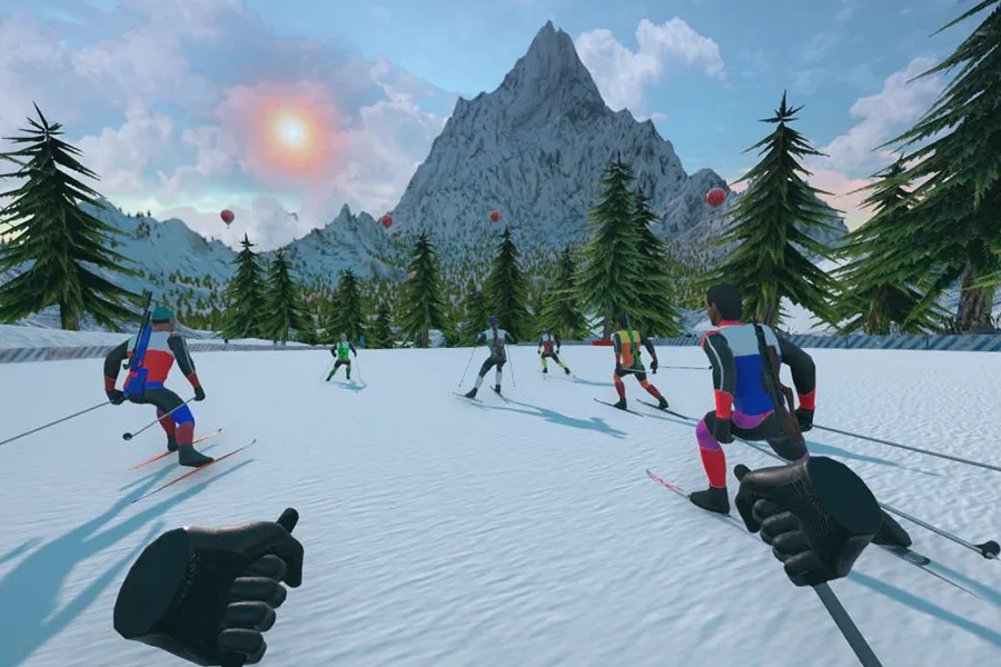 Capture d'écran de Fancy Skiing 2 Online avec des skieurs sur une piste enneigée entre les sapins
