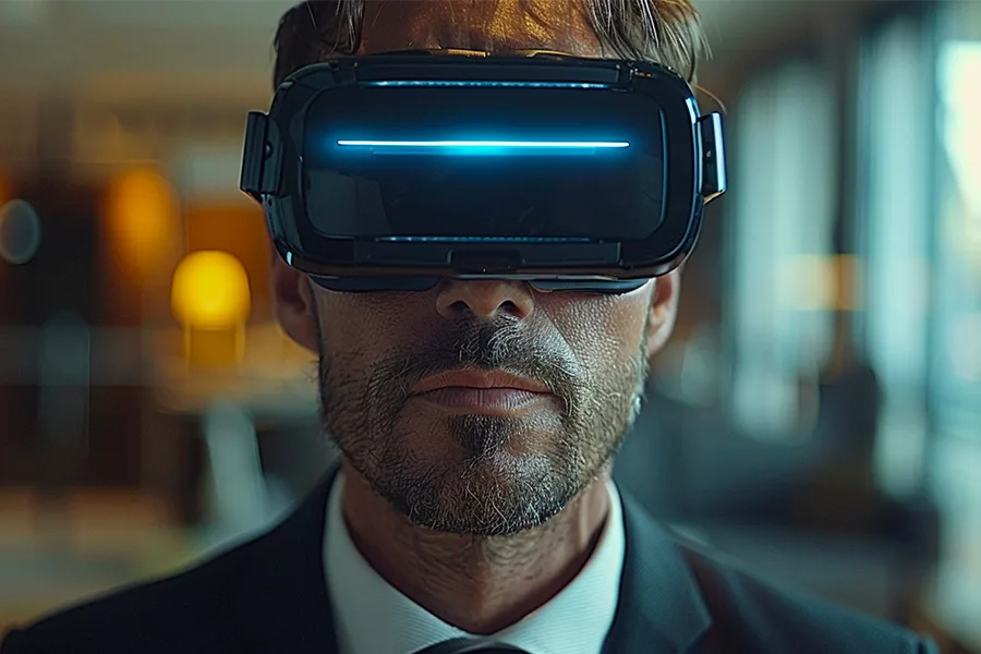 Homme de 45 ans portant un casque de réalité virtuelle dans un cadre médical
