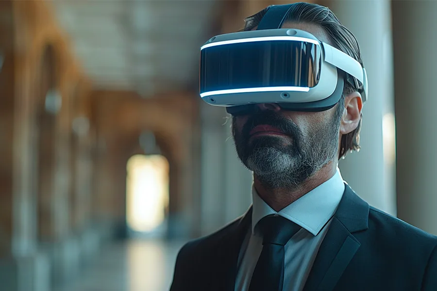 Homme en costume portant un casque de réalité virtuelle dans un environnement professionnel