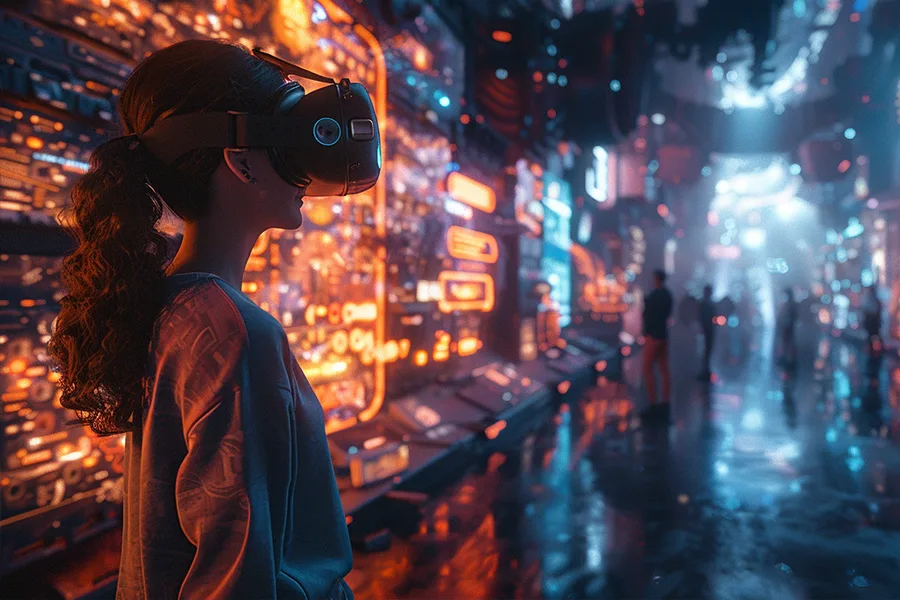 Femme portant un casque VR face à un paysage urbain holographique futuriste