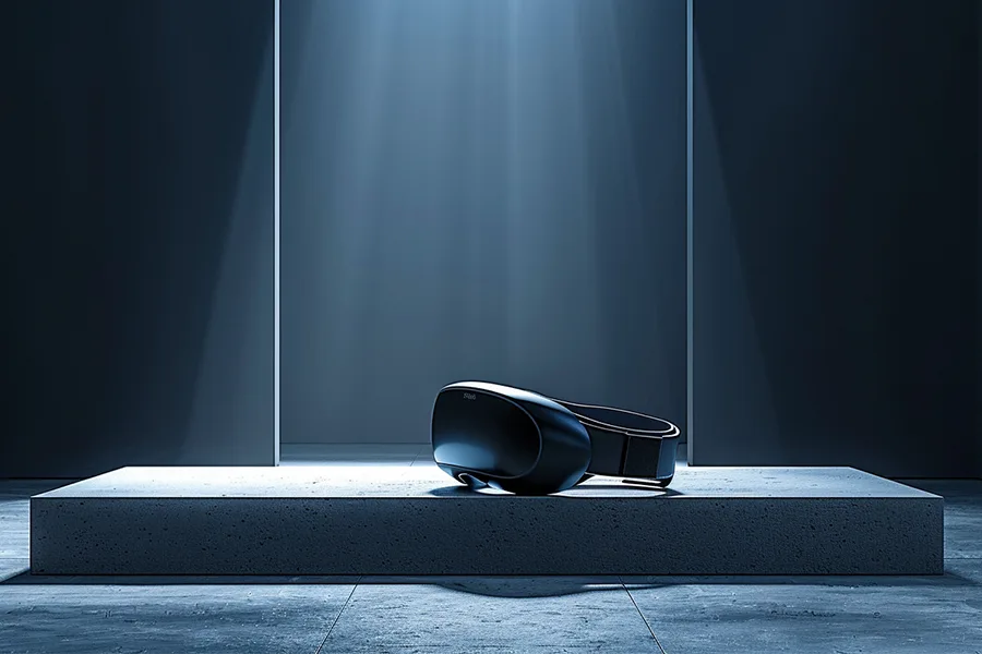 Casque VR posé sur un socle éclairé dans un studio sombre