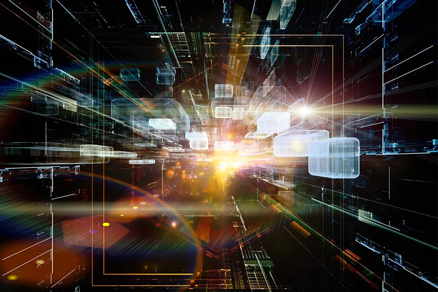 Environnement 3D graphique représentant l'innovation en réalité virtuelle