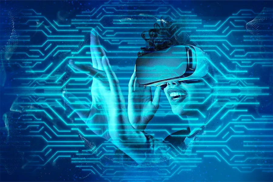 Femme portant un casque VR dans un univers métaverse