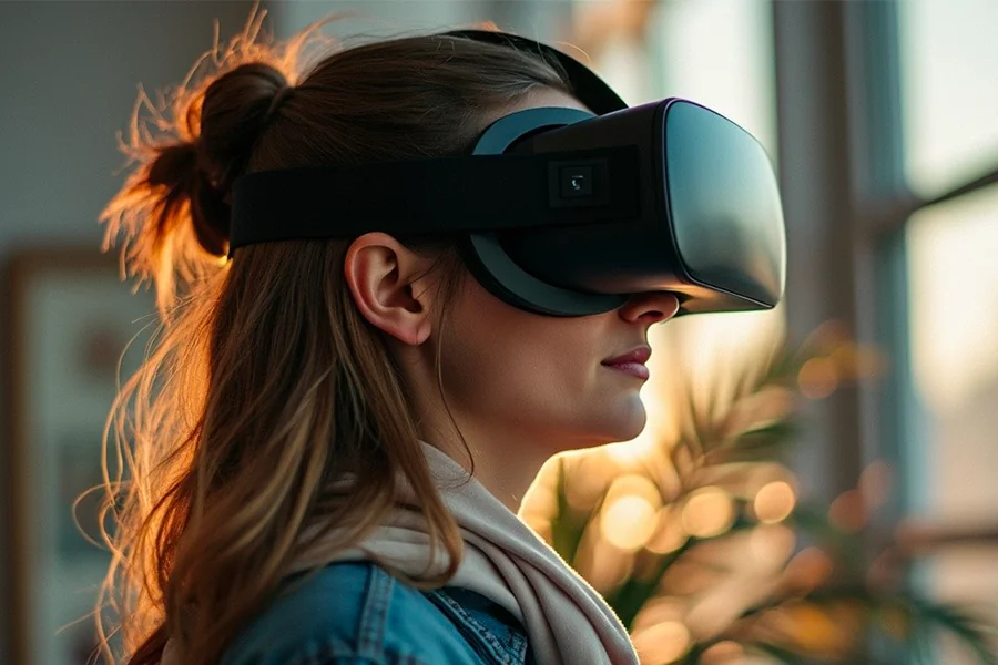 Femme avec casque VR illustrant les piliers de la réalité virtuelle