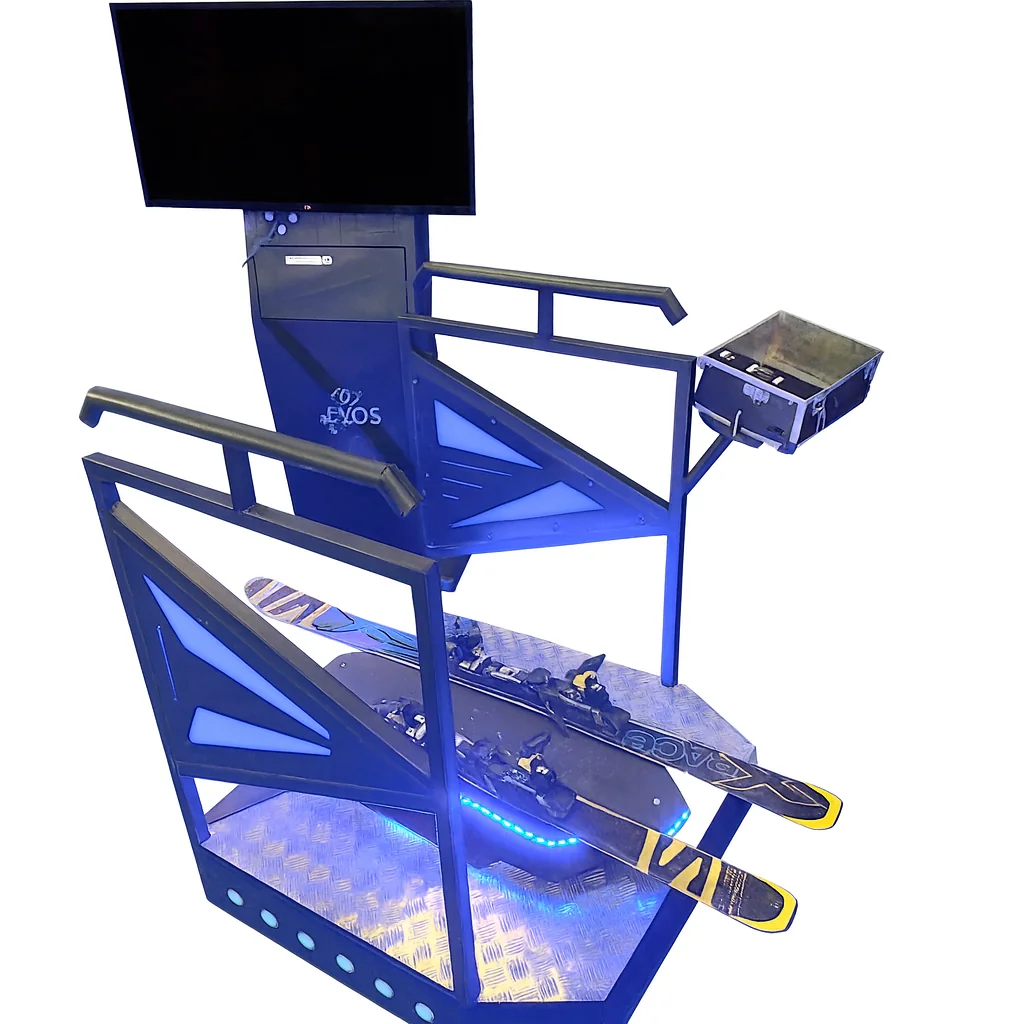 Participante en pleine descente sur le simulateur de ski VR By Evos