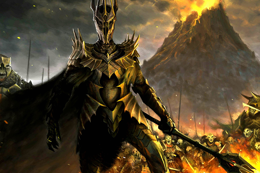 Un monstre jouant le rôle de méchant devant une montagne en flammes dans un jeu MMORPG.