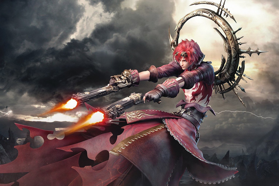 Un personnage de jeu vidéo MMORPG tenant deux pistolets devant un portail magique.