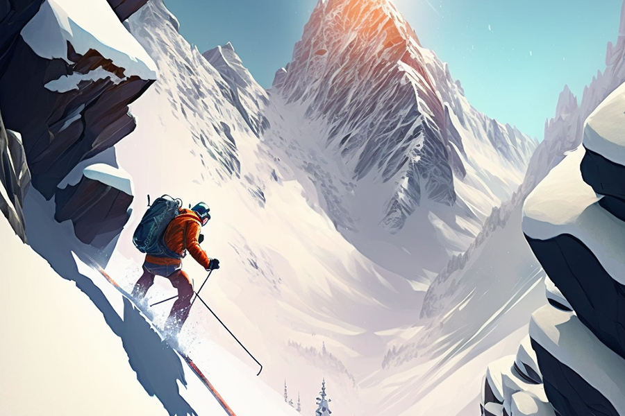l'affiche d'un jeu vidéo d'un skieur en train de descendre une piste de ski