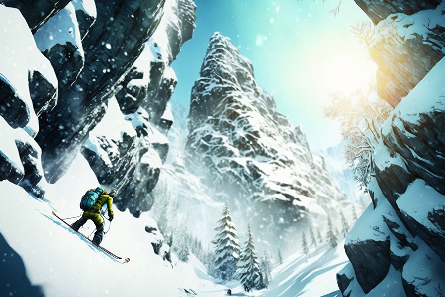 une partie de ski en jeu vidéo ou l&#039;on voit un skieur descendre une piste