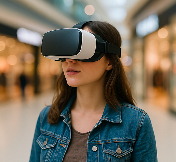 Jeune femme portant un casque VR dans une animation commerciale By Evos